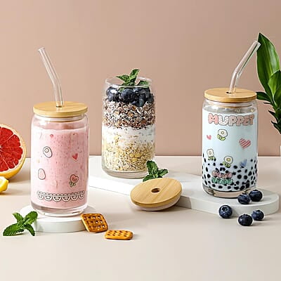 Glass Cups with Lids and Straws - 16oz Glass Cups with Lids and Straws - 16oz